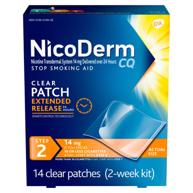NicoDerm CQ Step 2 Clear Nicotine Patches — 14 mg 14 clear patches (2-week kit) product package