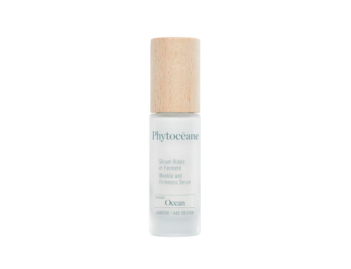 A bottle of Phytocéane Wrinkle and Firmness Serum with a wooden cap, featuring a minimalist design and ocean-themed branding. A bottle of Phytocéane Wrinkle and Firmness Serum with a wooden cap, featuring a minimalist design and ocean-themed branding.