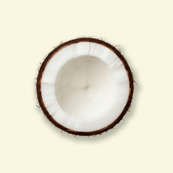 Halved coconut showing white flesh interior and brown fibrous shell on a cream background.
