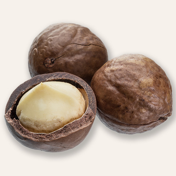 Three macadamia nuts with brown textured shells, one cracked open to reveal the creamy white nut inside, on a light pink background.