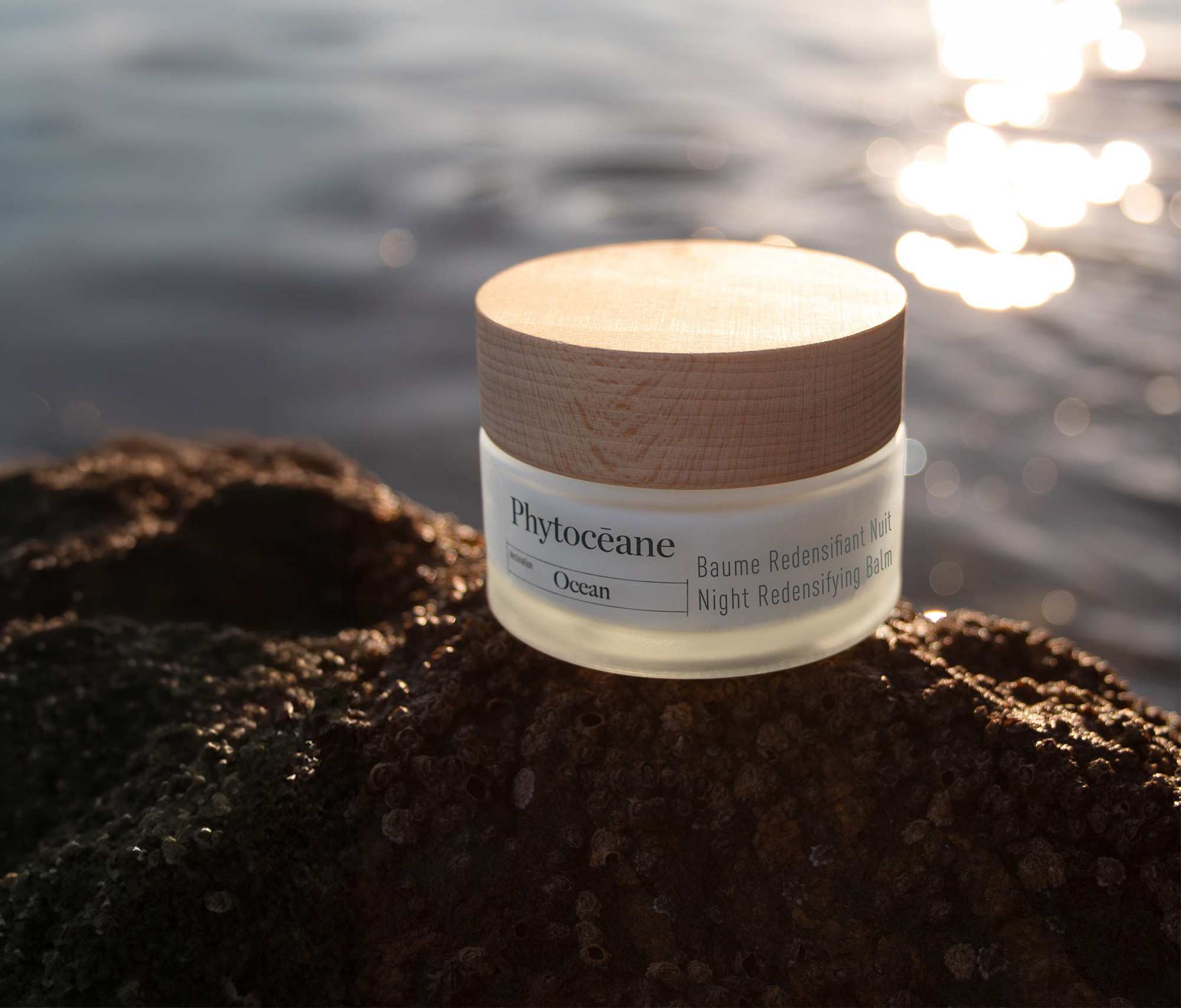 Night Redensifying Balm with Organic Marine Samphire and Organic Wakame, 50 ml jar on a rock by the ocean.