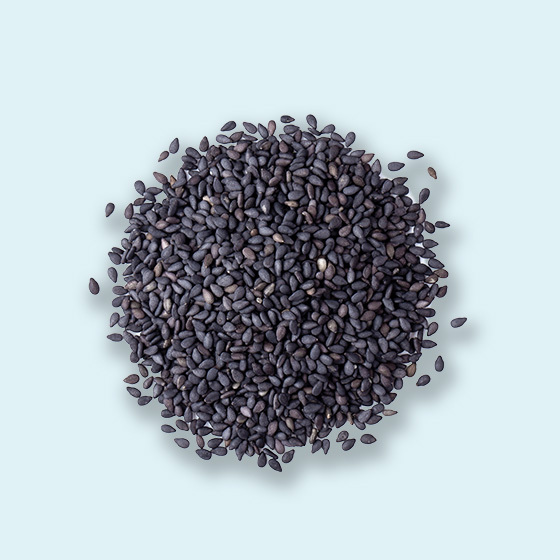 Black sesame seeds arranged in a circular pile on a light blue background.