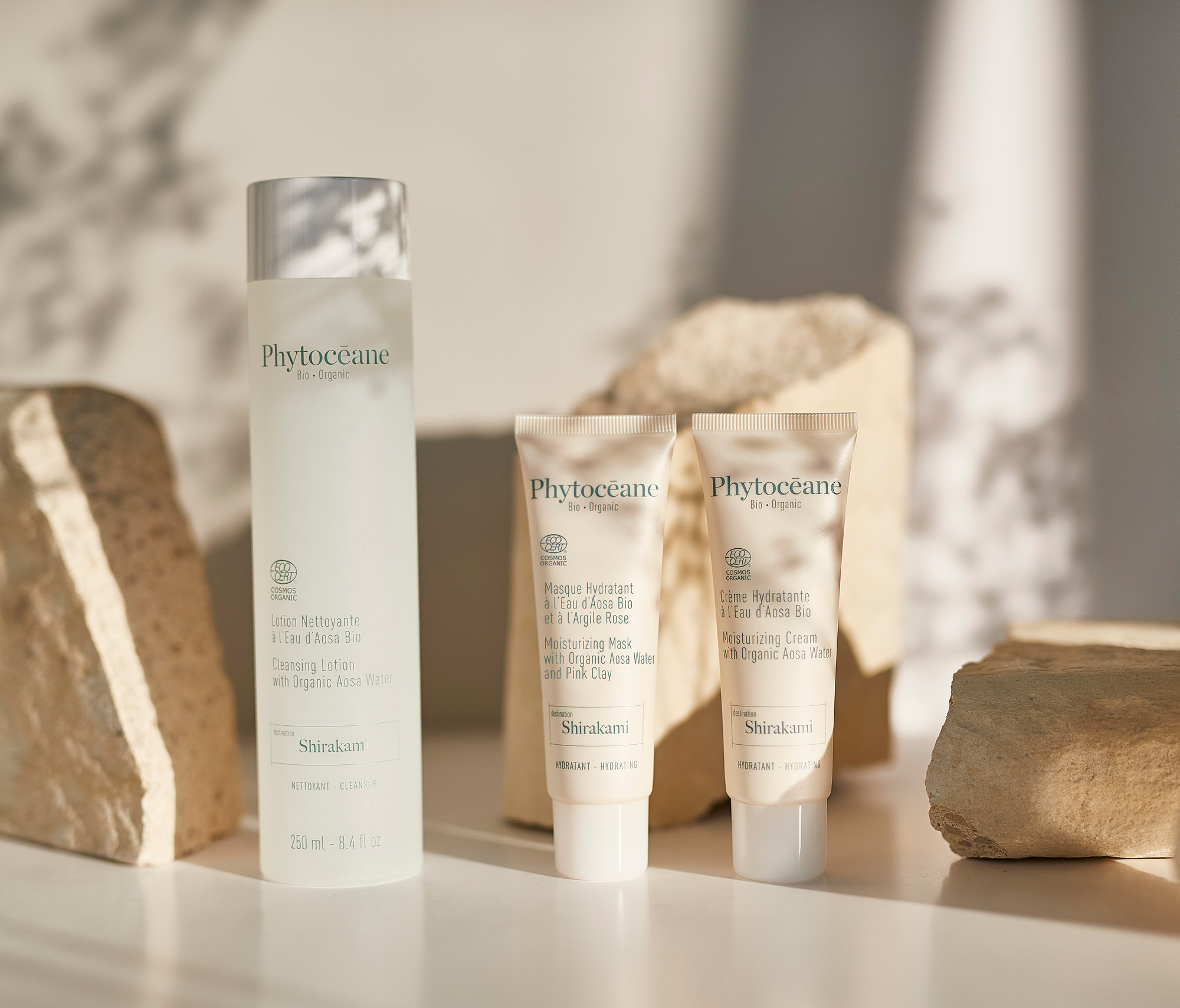 Destination Shirakami 250 ml bottle Cleansing lotion, 50 ml tube moisturizing mask and 50 ml tube moisturizing cream with Organic Aosa Water.