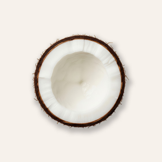 Halved coconut showing white flesh interior and brown fibrous shell on a light pink background.