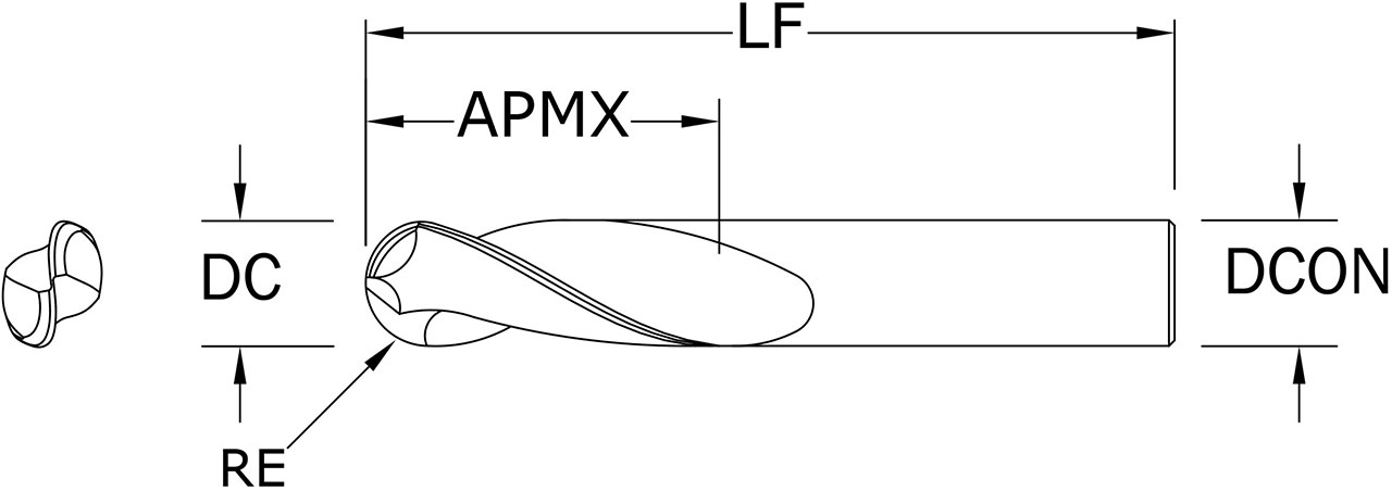 SGS 6.00mm Dia, 2 Flute, Ball Nose End Mill - 44573 - Drawing 1