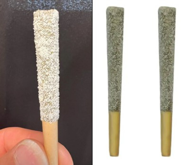 1g iced THCa prerolls made from premium flower shake, coated in THCa isolate for a frosty, high-potency finish, lined up in clean cones