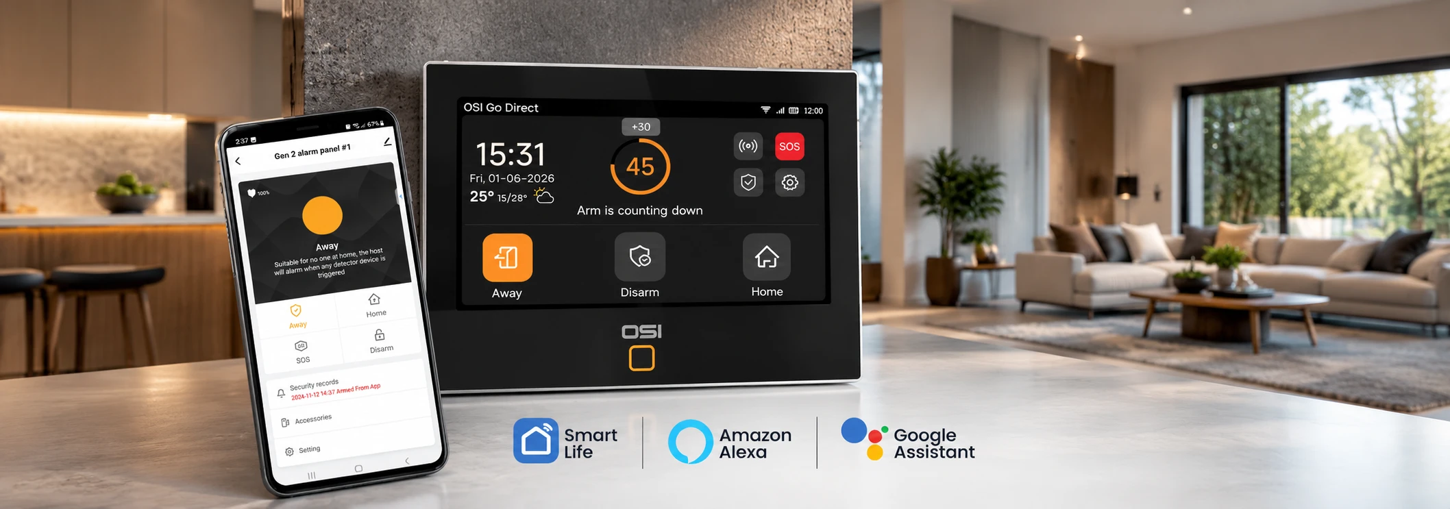 OSI Gen 2 alarm panel and the Smart Life app on a phone