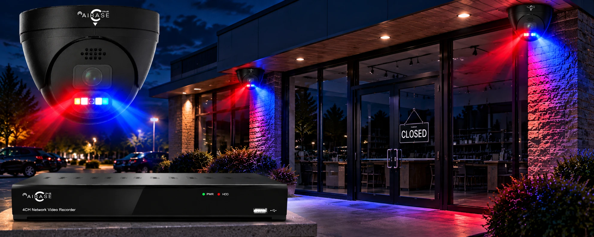 AIBASE Color 4K active deterrence cameras flashing red and blue strobe lights at night