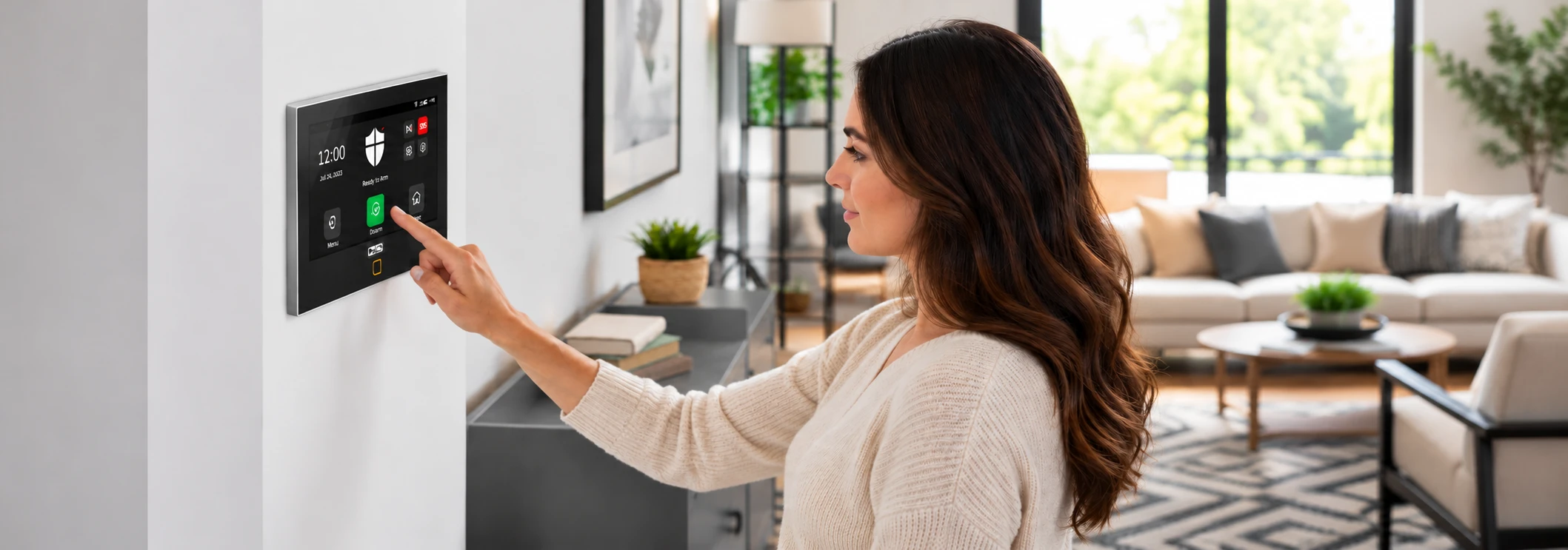 Woman arming the OSI Gen 2 alarm panel in her living room