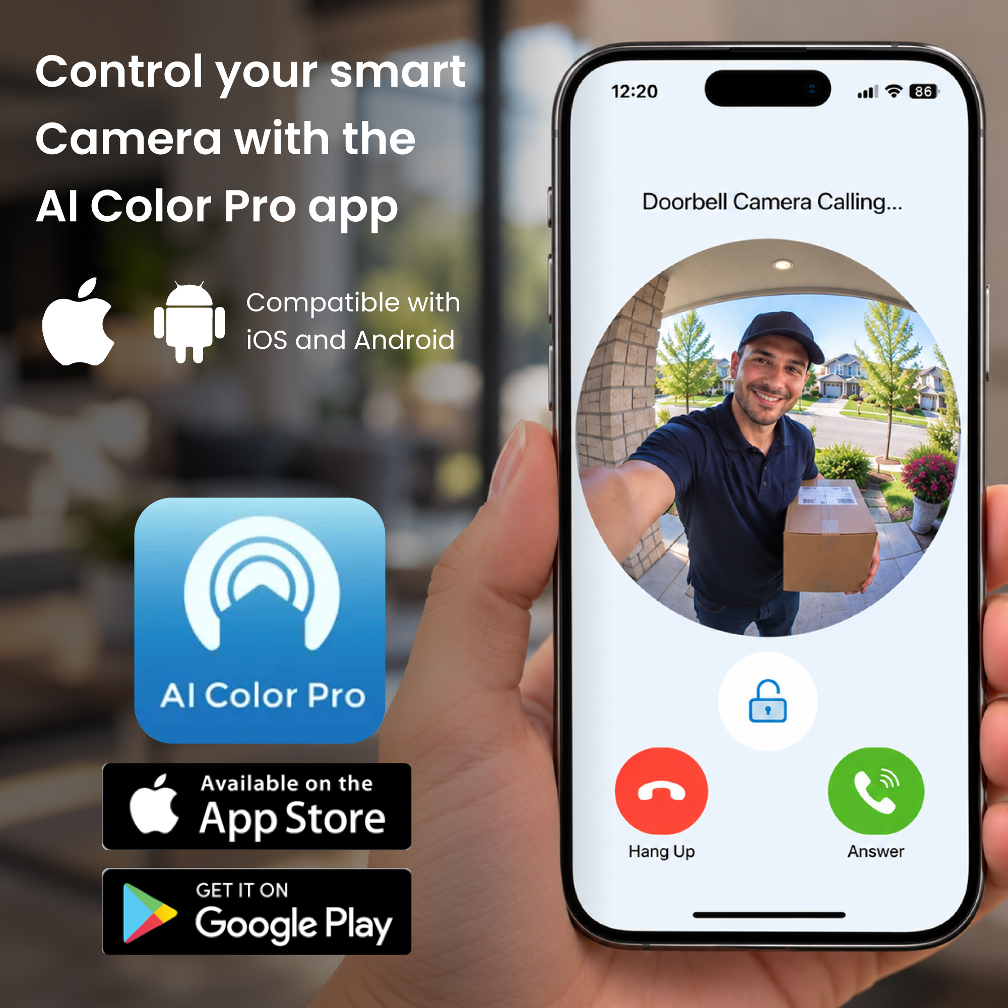AI Color Pro mobile app showing live doorbell video