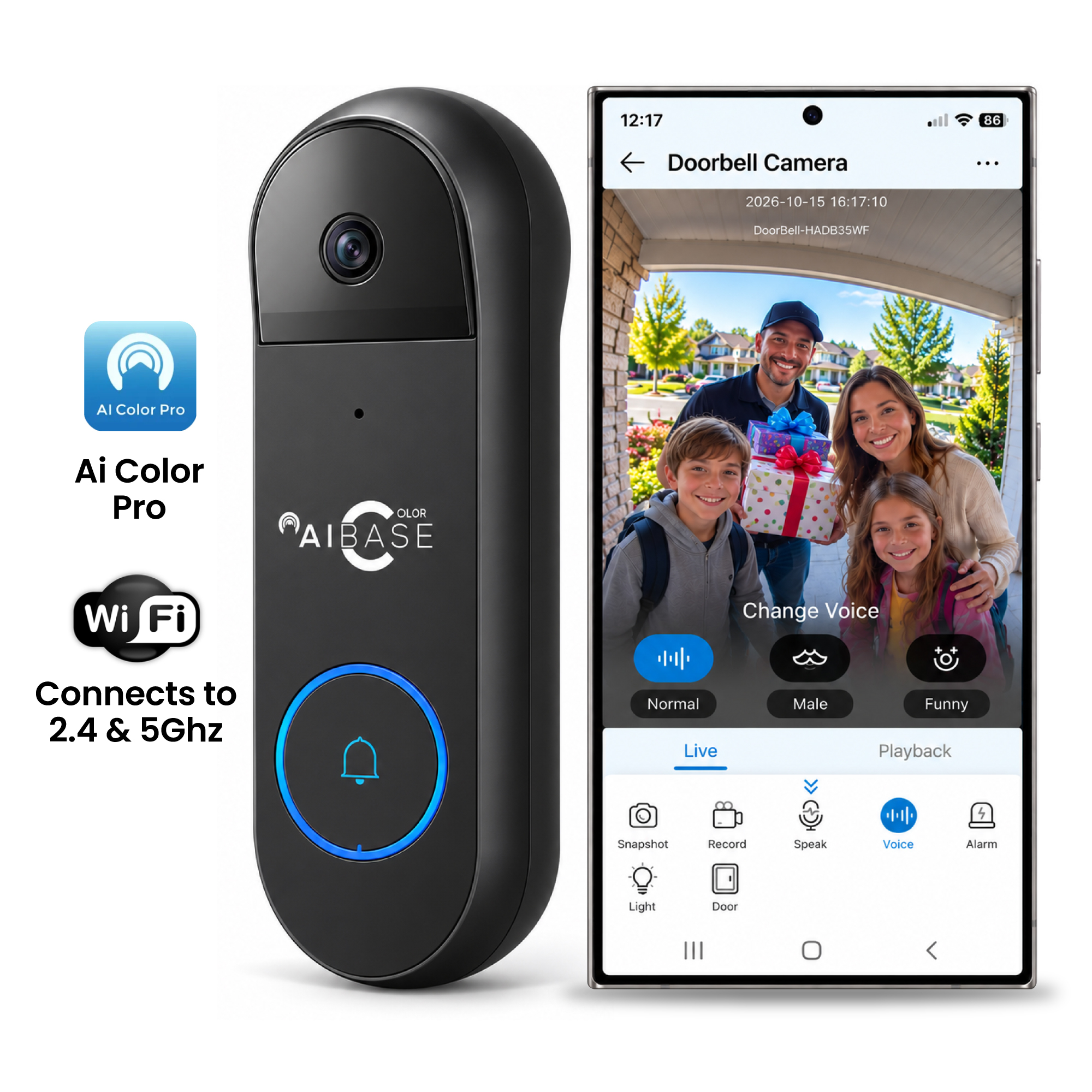 HA-DB-35 doorbell shown with smartphone live view