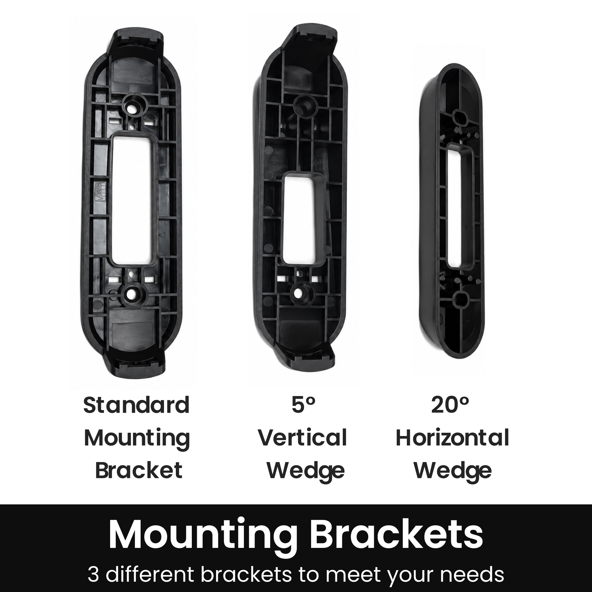 The three included mounting brackets: flat, 20 degree and 5 degree wedges