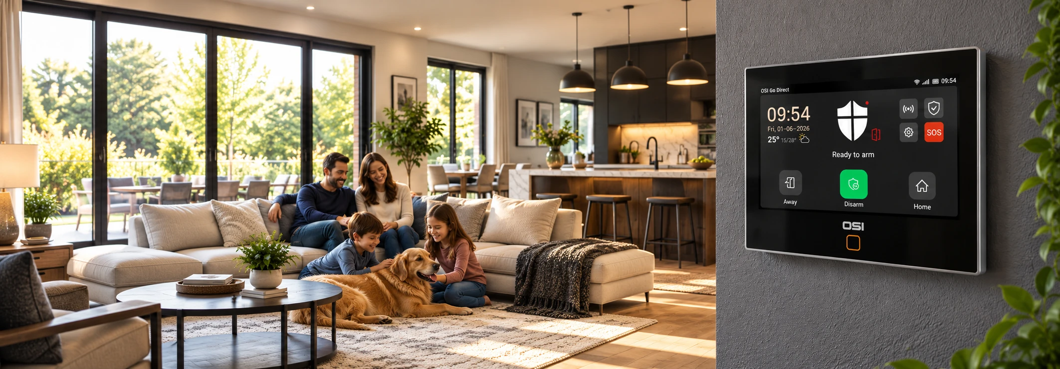 Family relaxing at home with the OSI Gen 2 alarm on the wall