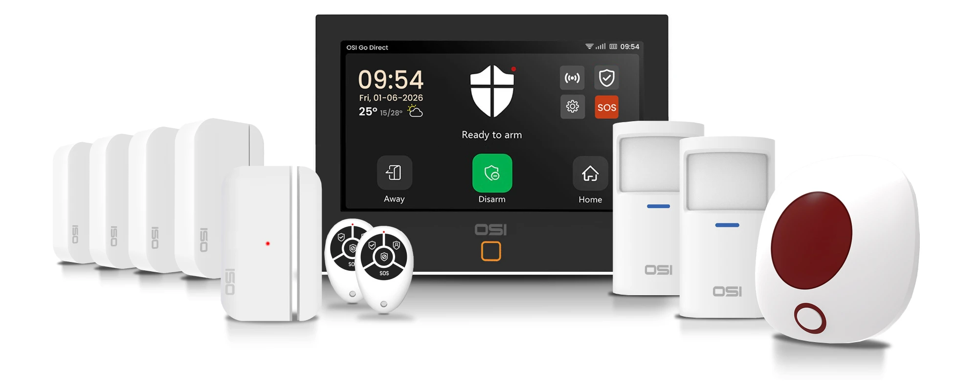 OSI Gen 2 alarm kit: control panel, 5 contact sensors, 2 motion sensors, 2 remotes and a wireless strobe siren
