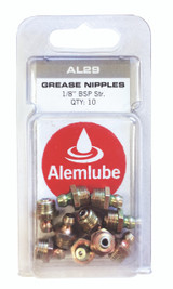 AL29 Alemlube 1/8" BSP straight grease nipple, 10 pack;