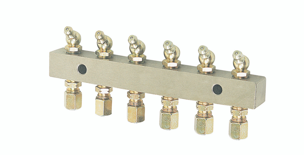 6136 Alemlube Header block 6 outlet c/w 6mm fittings and grease nipples