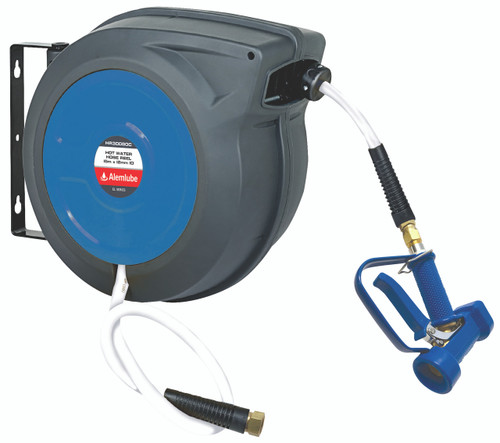 HR30080C Alemlube EL Series hot wash hose reel c/w washdown gun, 15m x 12mm ID hybrid polymer hose;