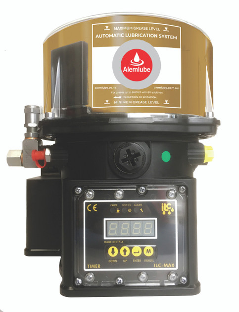 4K.2.12DC.FCT.G Alemlube 12VDC pump with 2kg reservoir, with controller, with low level switch, 1 x Fixed pump element & relief valve;