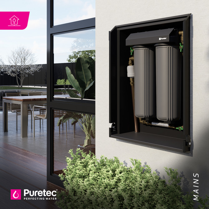 Puretec FilterWall and internal wall fascia - Integrated In-wall Wholehouse Filtration with plumbed bypass - Front Panel: Stone White