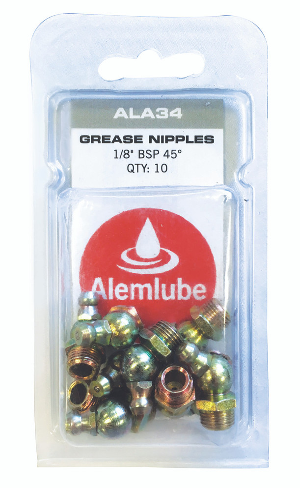 ALA34 Alemlube 1/8" BSP 45° grease nipple, 10 pack;