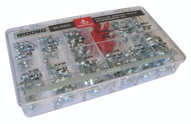 G10090 Alemlube EL Series 90 piece grease nipple and dust cover assortment kit;