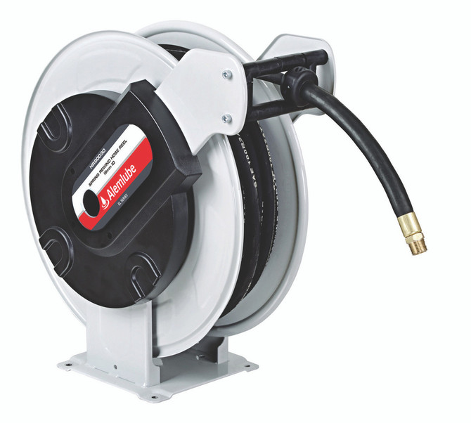 HR90030 Alemlube EL Series 3/4" ID spring rewind hose reel, c/w 12m x 3/4" ID hose; HR90030 Alemlube EL Series 3/4" ID spring rewind hose reel, c/w 12m x 3/4" ID hose;