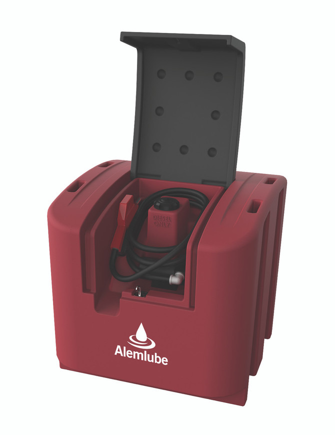 L45040PAM Alemlube 450L lockable poly tank with 12V kit and automatic shut off nozzle with meter;