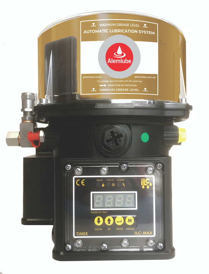 4K.2.12DC.FCT.G Alemlube 12VDC pump with 2kg reservoir, with controller, with low level switch, 1 x Fixed pump element & relief valve;