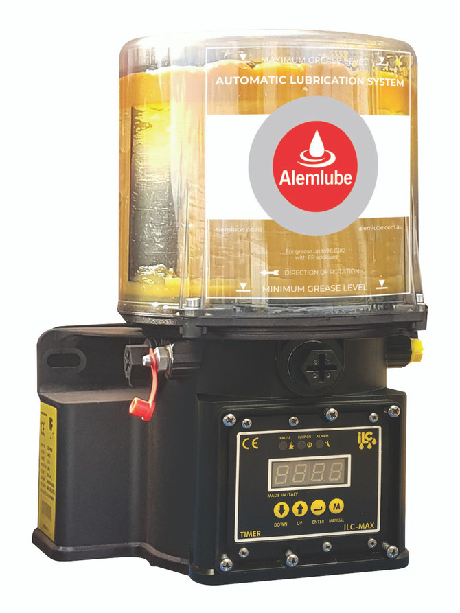 4K.4.12DC.FCT.G Alemlube 12VDC pump with 4kg reservoir, with controller, with low level switch, 1 x Fixed pump element & relief valve;