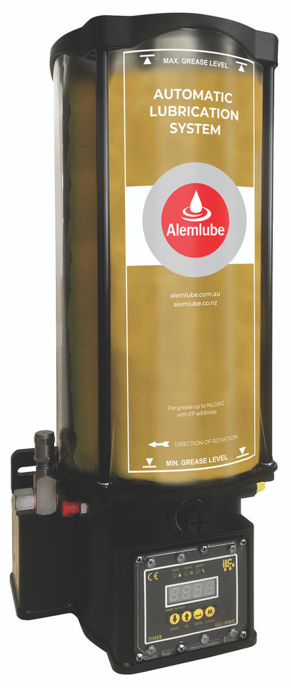 4K.8.24DC.FCT.G Alemlube 24VDC pump with 8kg reservoir, with controller, with low level switch, 1 x Fixed pump element & relief valve;