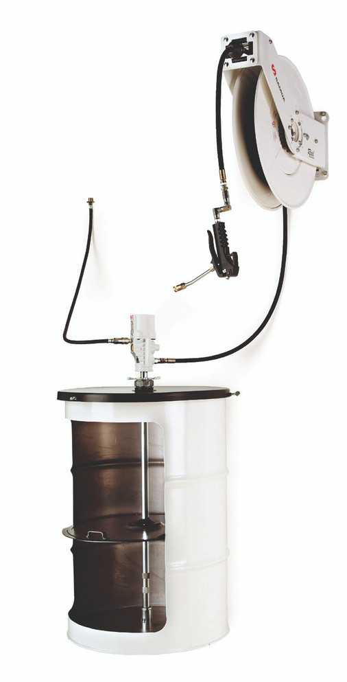 453000 Samoa stationary greasing system including 180kg grease pump, drum cover, follower plate, 10m open hose reel, Z swivel and grease control valve;