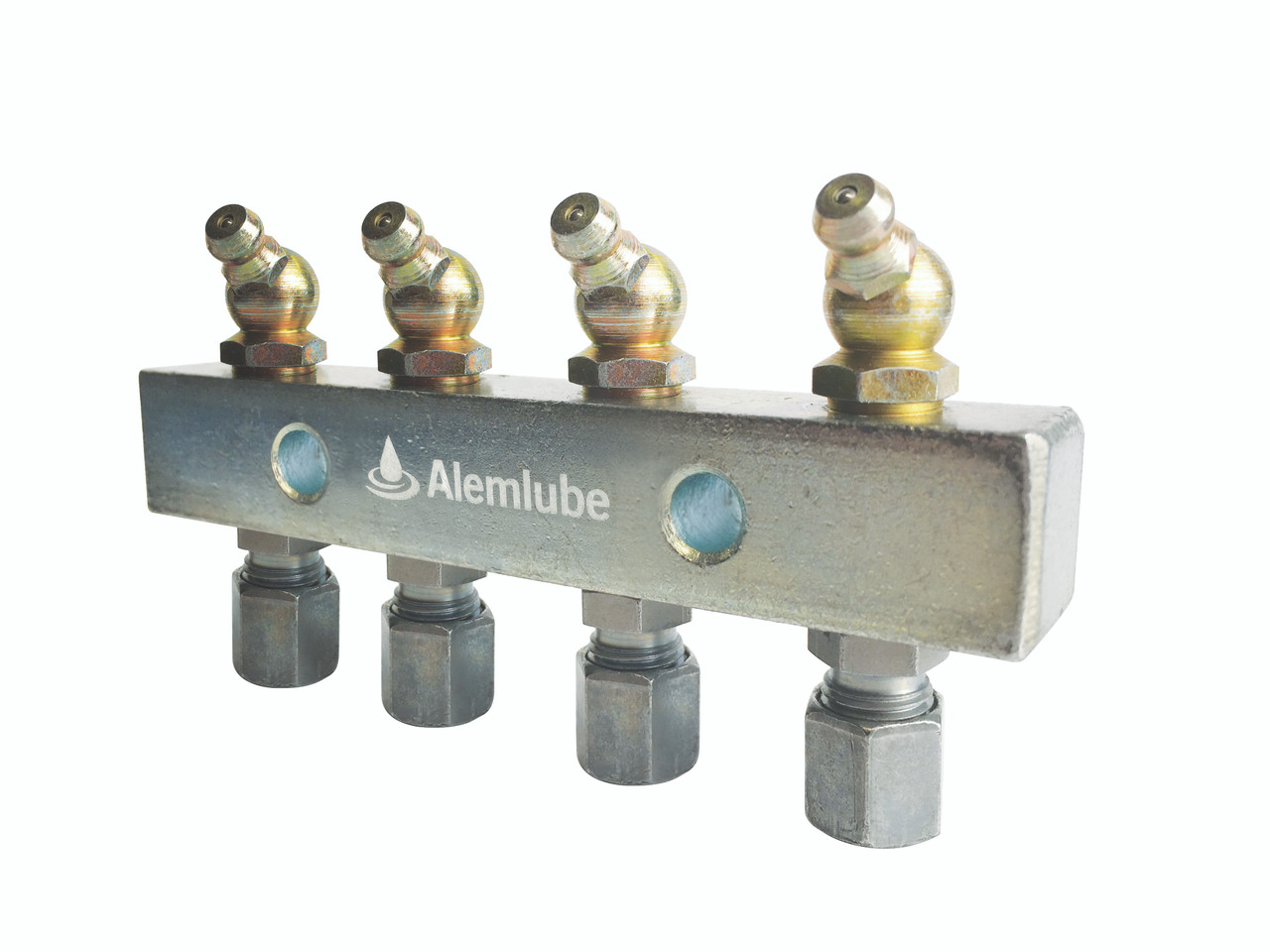 6134 Alemlube Header block 4 outlet c/w 6mm fittings and grease nipples;