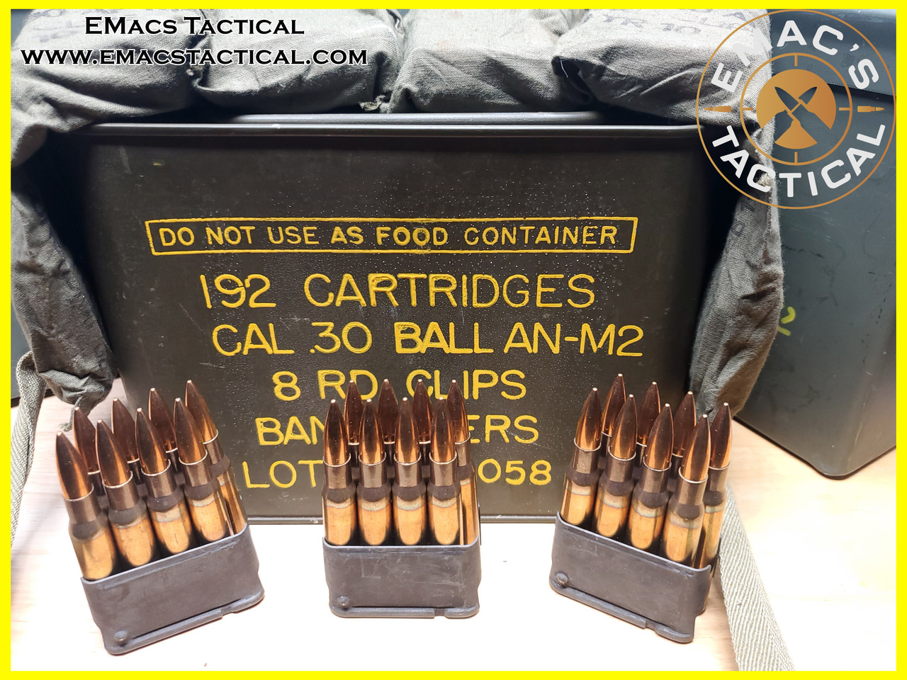 30-06 M1 Garand .30 Cal M2 Ball 8 rnd Full Can 192 Rounds