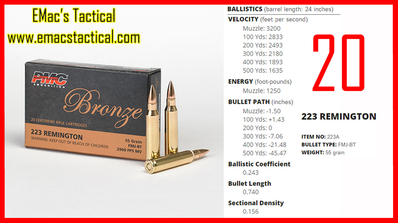 223 55gr PMC Bronze FMJ Brass Cased Ammunition - 20x Rounds