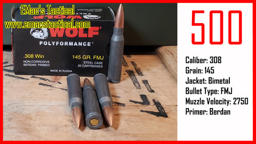 308 Wolf Polyformance 145gr FMJ Ammunition - 500