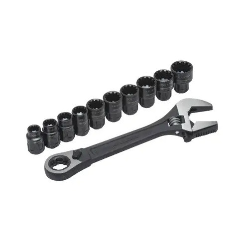 Pass-Thru X6 Black Oxide Adjustable Wrench and Spline Socket Set 11 Pieces