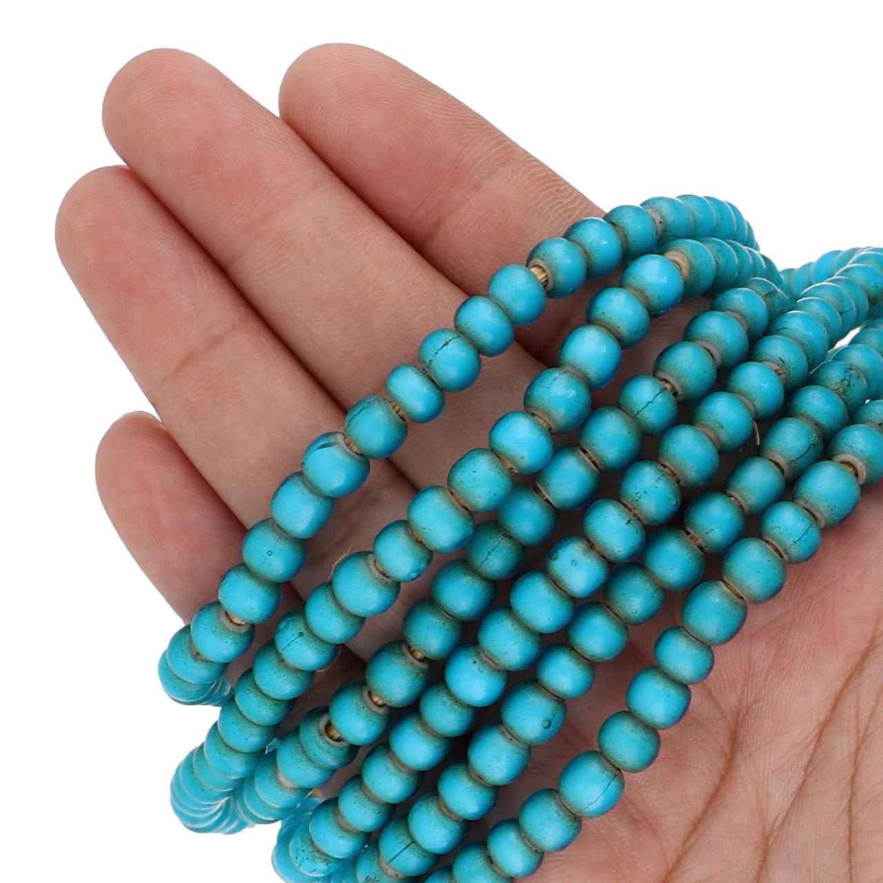 African Glass Beads In Cyan Blue , Rondelle White Heart Glass Beads