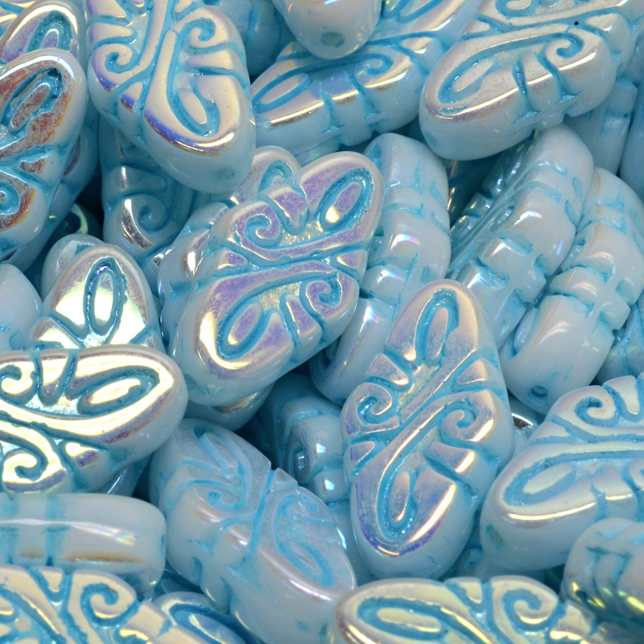 Czech 19x9mm Glass Pressed Arabesque Beads Sky Blue