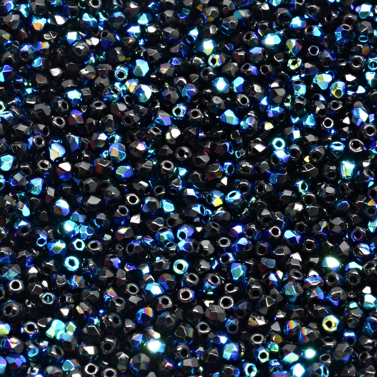 Czech 2mm Glass Firepolished Round Beads Black Iridescent