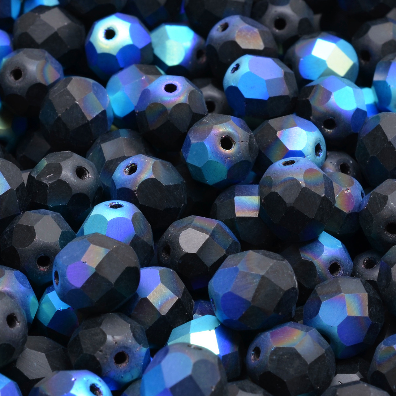 Czech 8mm Glass Firepolished Round Beads Iridescent Matte Black