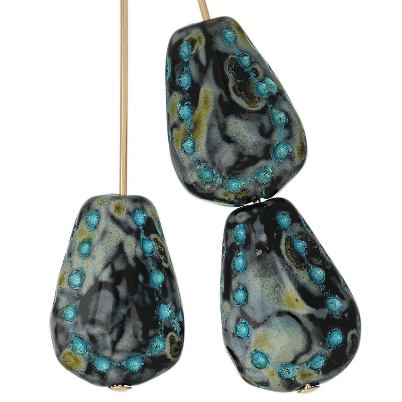 Flat Teardrop Shaped Pressed Czech Glass Beads w/ Dotted Edges