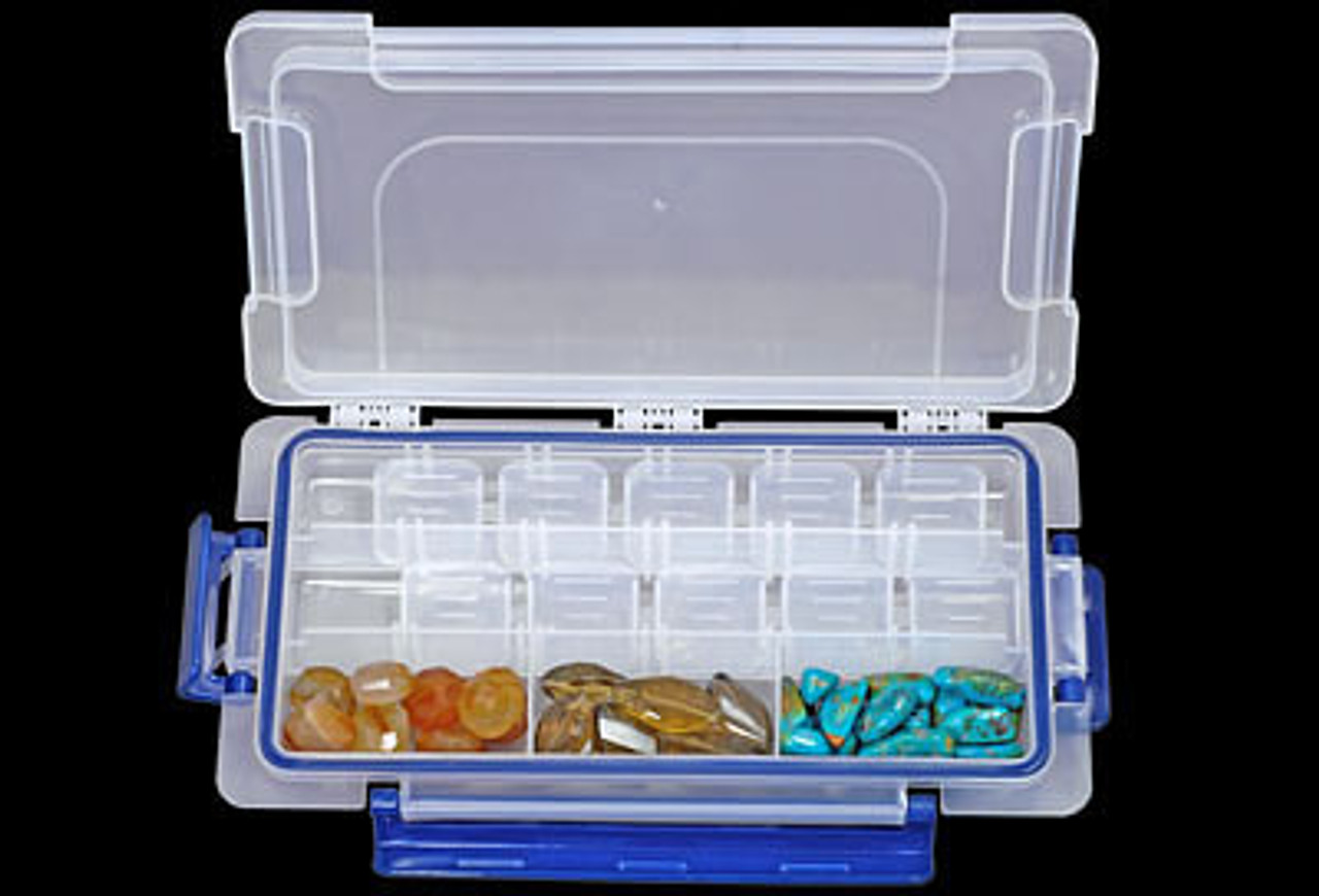 Clear Organizer/Storage box with blue safety latches. Measures 9