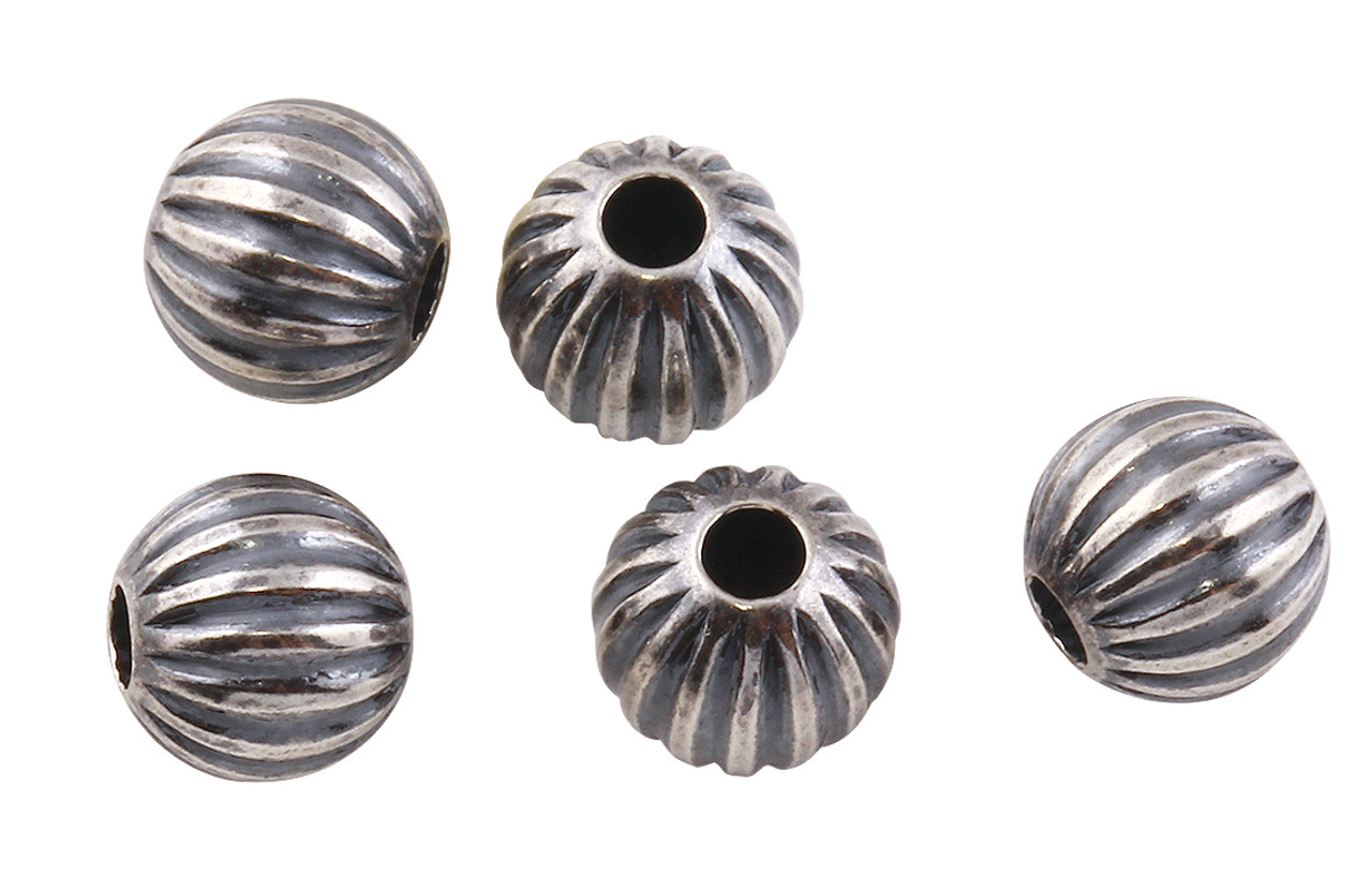 5 Pcs 5 mm Oxidized Sterling Silver Round Corrugated Beads