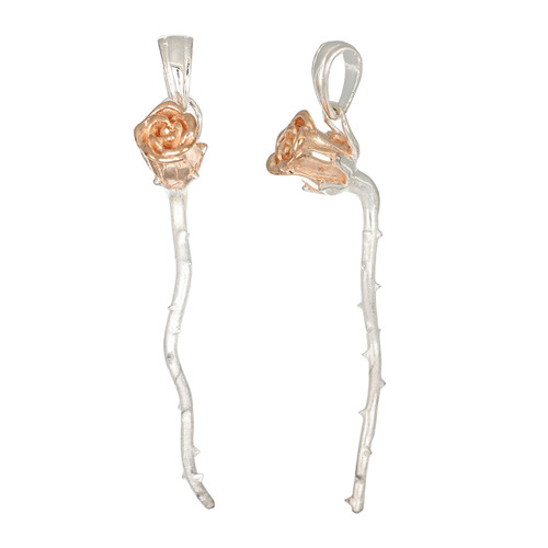 Sterling Silver Rose Pendant with Rose Gold Plated Bud and Matte Stem