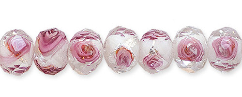 Rondelle Faceted Lampwork Glass Beads - White w/Pink