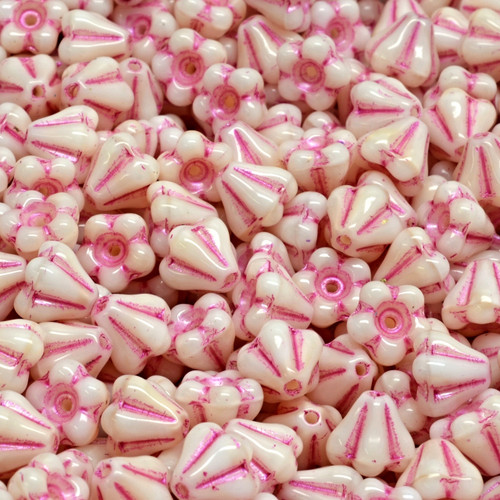 33 Pcs 4x6mm Bell Flower Pressed Czech Glass Beads - Cream And Pink