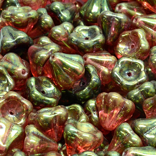 16 Pcs 8x10mm Bell Flower Pressed Czech Glass Beads - Iridescent Clear Hibiscus