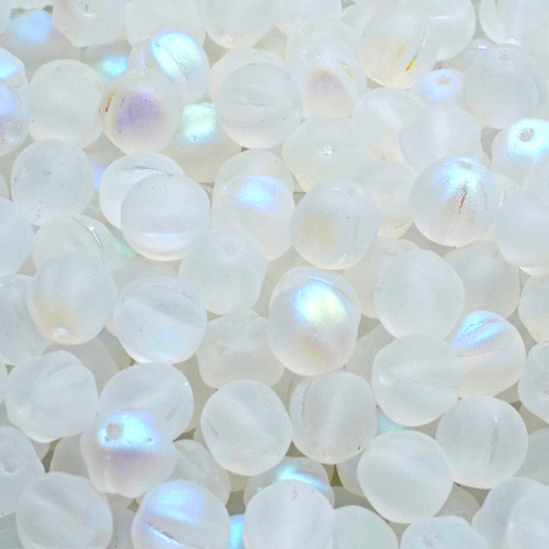 Melon Pressed Czech Glass Beads 6mm - Iridescent Frosted Clear
