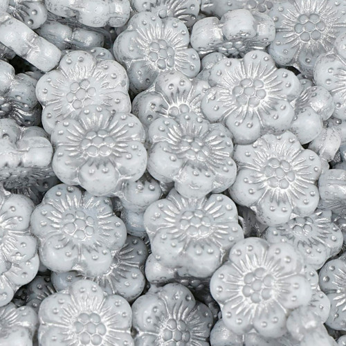 9 Pcs 14mm Boho Flower Pressed Czech Glass Beads -White/Silver