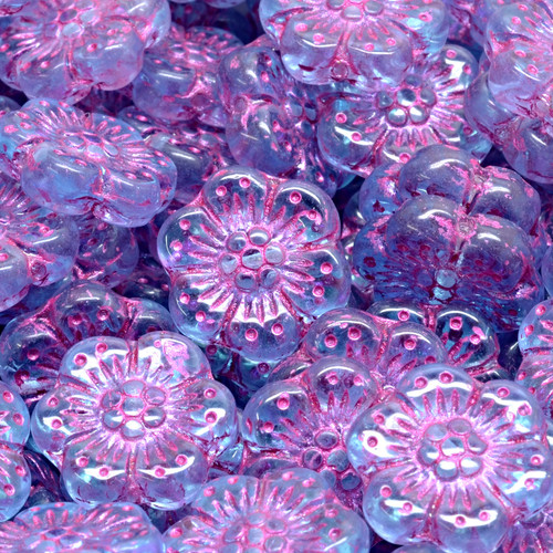 9 Pcs 14mm Boho Flower Pressed Czech Glass Beads -Clear Denim/Fuchsia